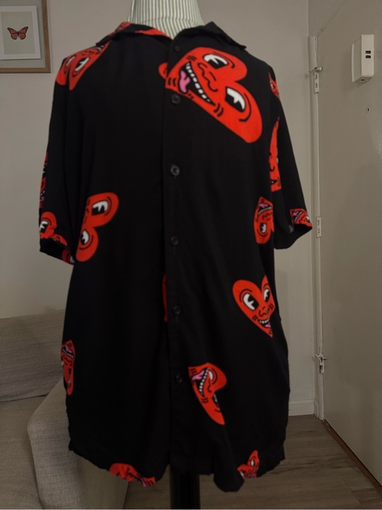 Other - Keith Haring Heart Face Button Up Shirt Black Red Size S